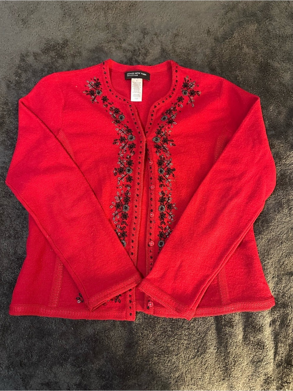 Jones New York Merino Wool Red Beaded Embroidered Cardigan Sweater Size S Excell - Picture 2 of 3